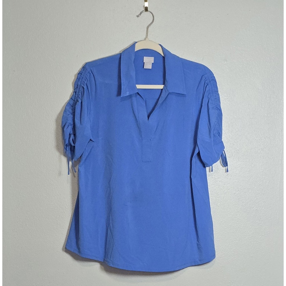 Chico's Zenergy Blue Ruched Tie Sleeve Pullover V-Neck Polo Blouse Shirt Size 1